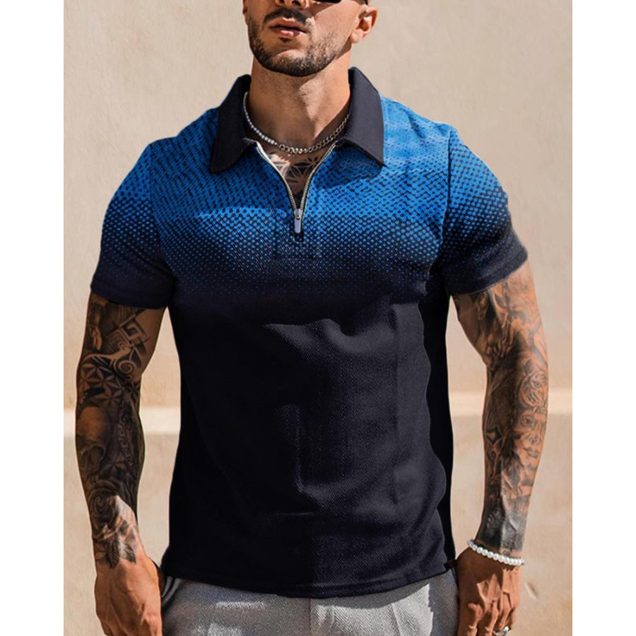 

Men's Outdoor Stripe Color Block Print Polo Zip T-Shirt