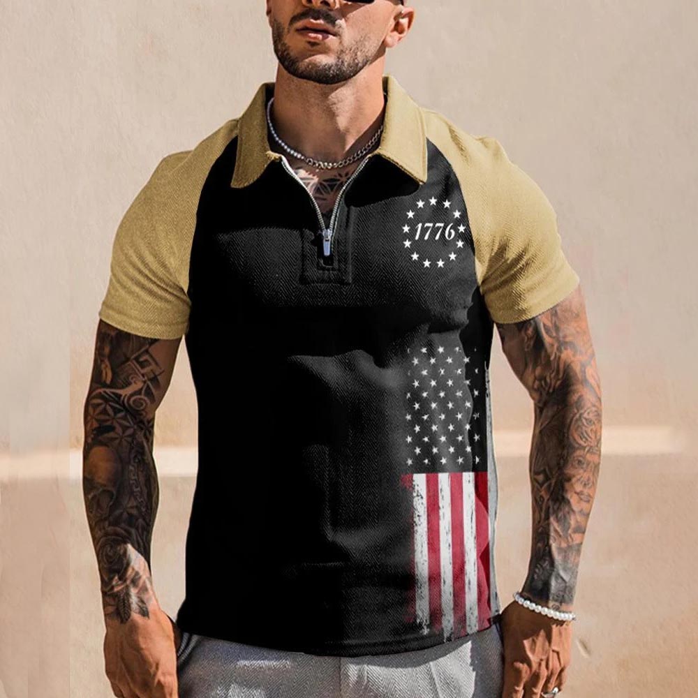 Men's Outdoor American Flag Print Chic Polo Zip T-shirt