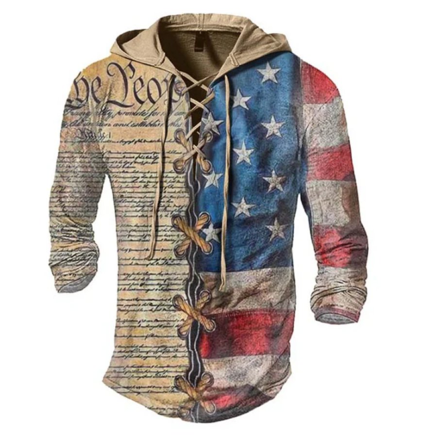 

Men's Vintage American Flag Print Drawstring Hooded T-Shirt