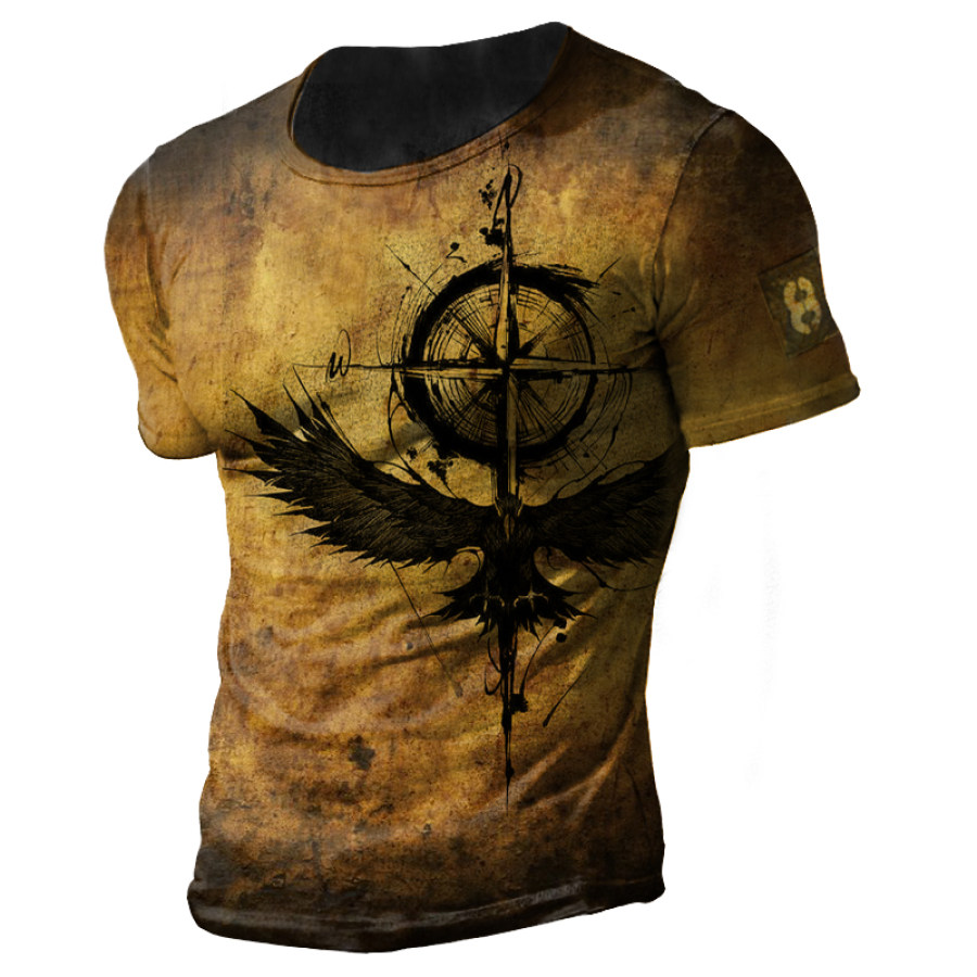 

Men's Vintage Compass Print Printed Crew Neck T-Shirt