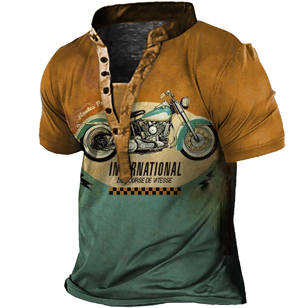 Men's Vintage Motorcycle Colorblock Print Chic Henley Collar T-shirt