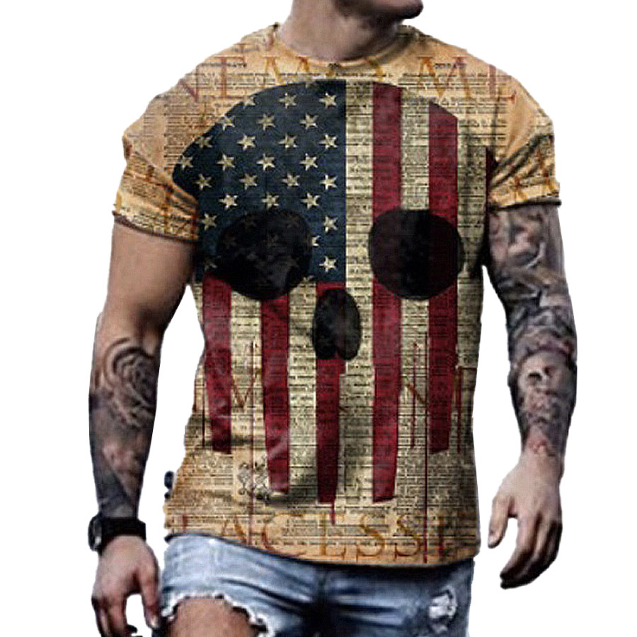 

Men's Vintage American Flag Skull Print T-Shirt