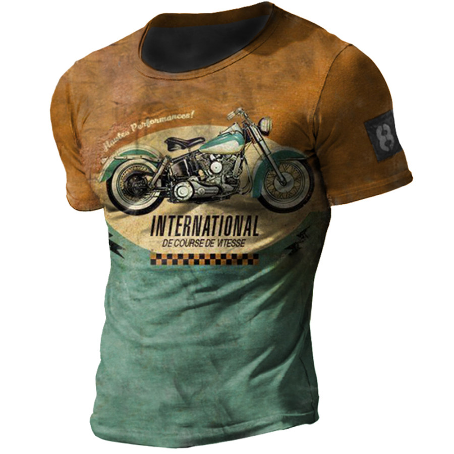

Men's Retro Motorcycle Colorblock Printed Crew Neck T-Shirt