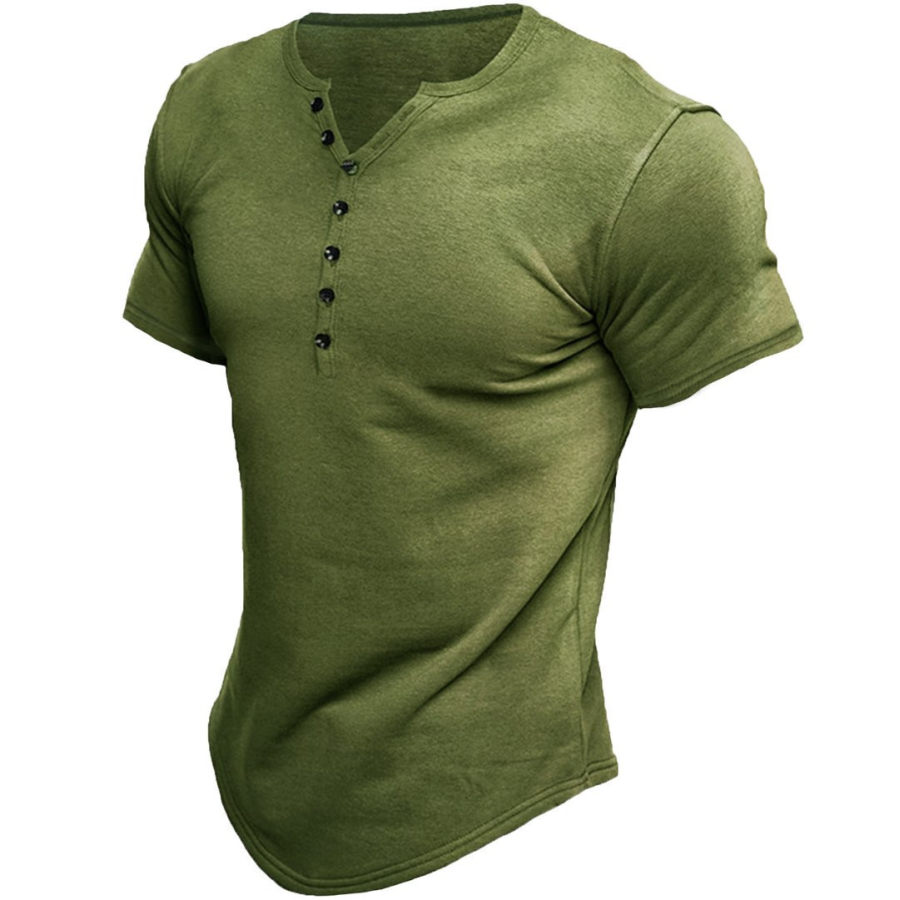 

Men's Solid Color Short Sleeve Button V-neck Henry Shirt