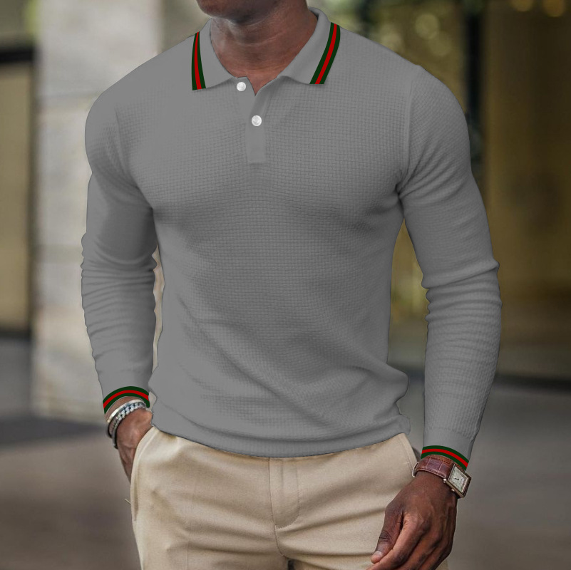 Mens Solid Color Basic Chic Long Sleeve Polo Shirt