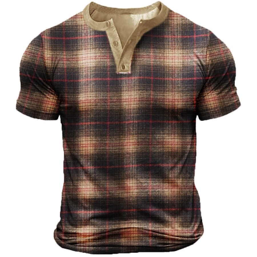 

Mens Outdoor Classical Plaid Graphic Henley Shir