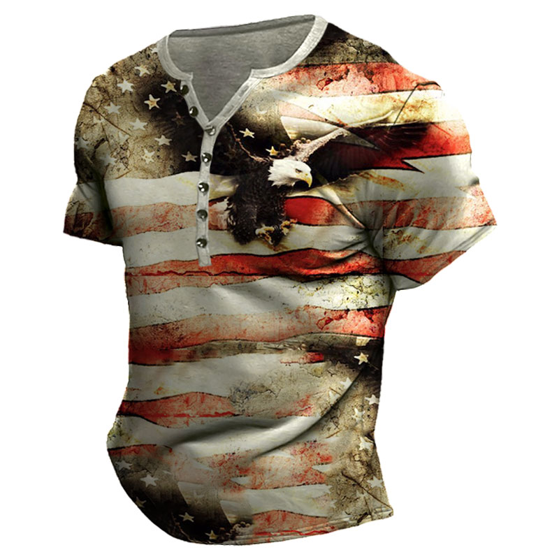 Men's Vintage American Flag Chic Eagle Short Sleeve Henley T-shirt