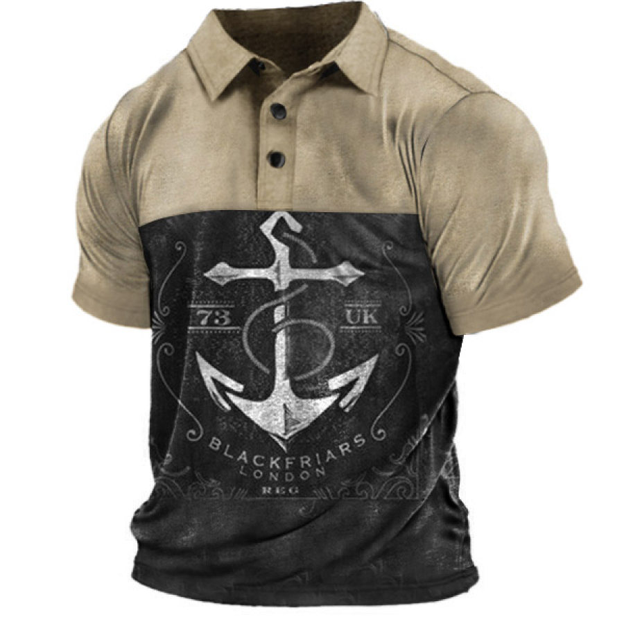 

Men's Vintage Anchor Color Block Snap Polo T-Shirt