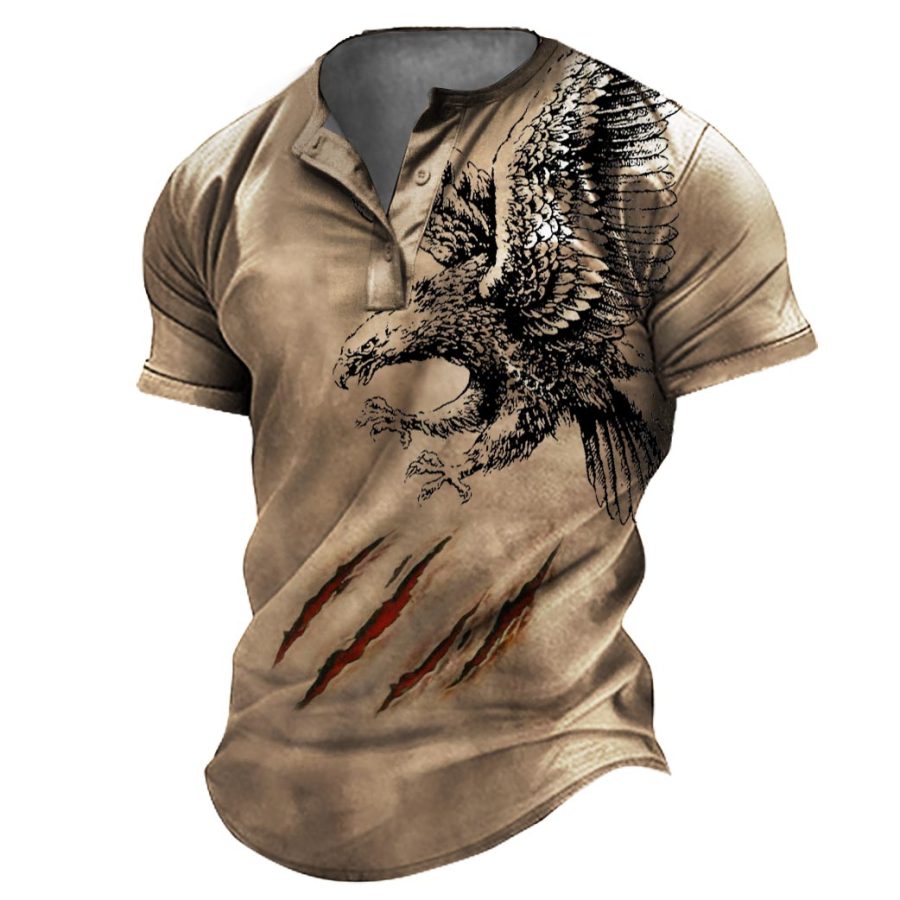 

Men's Vintage Eagle Scratch Print Henley T-Shirt