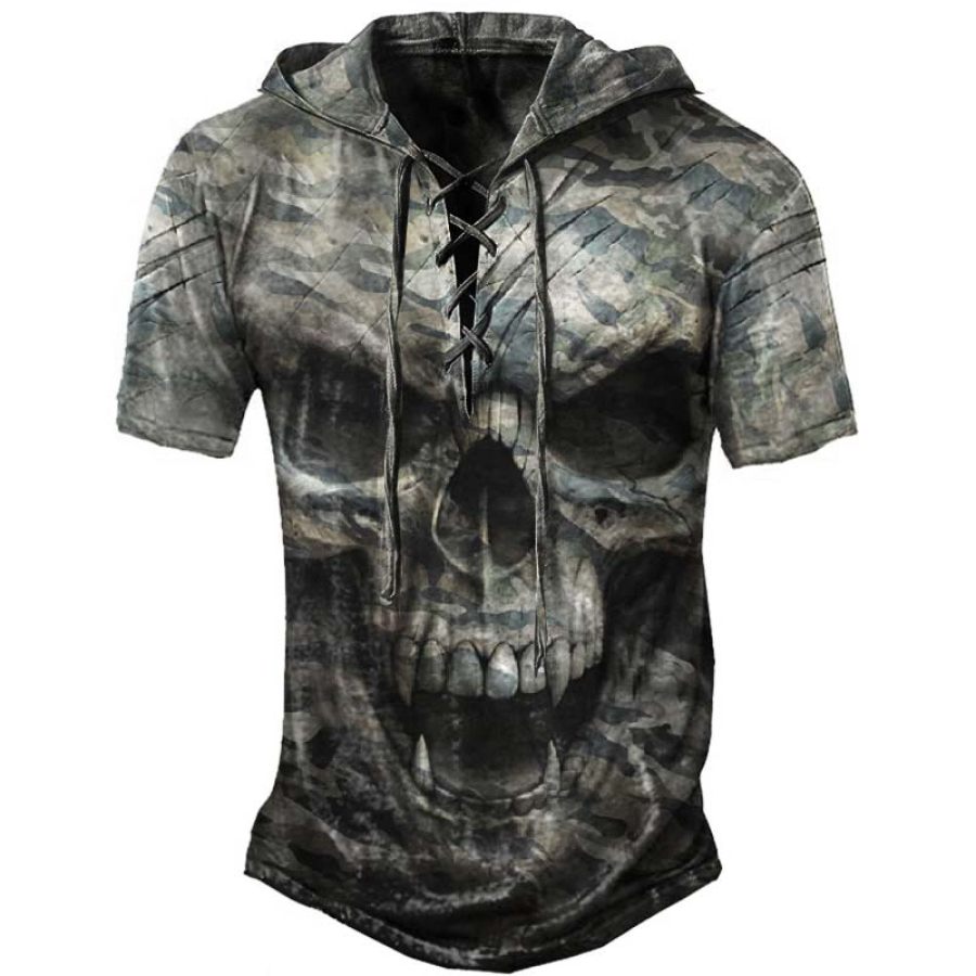 

Men's Outdoor Camouflage Skull Drawstring Hoodie Short Sleeve T-Shirt