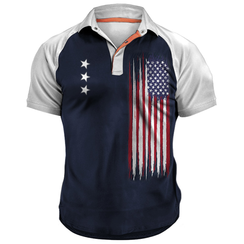 Men's Outdoor American Flag Print Chic Raglan Sleeve Polo Neck T-shirt