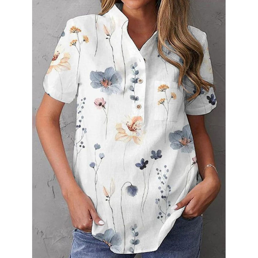 

Blusa De Manga Curta Casual Com Estampa Floral Solta