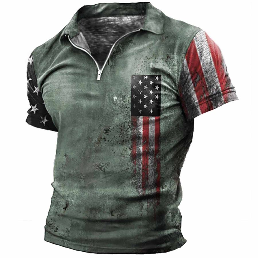 

Men's Vintage American Flag Print Zip Polo T-Shirt