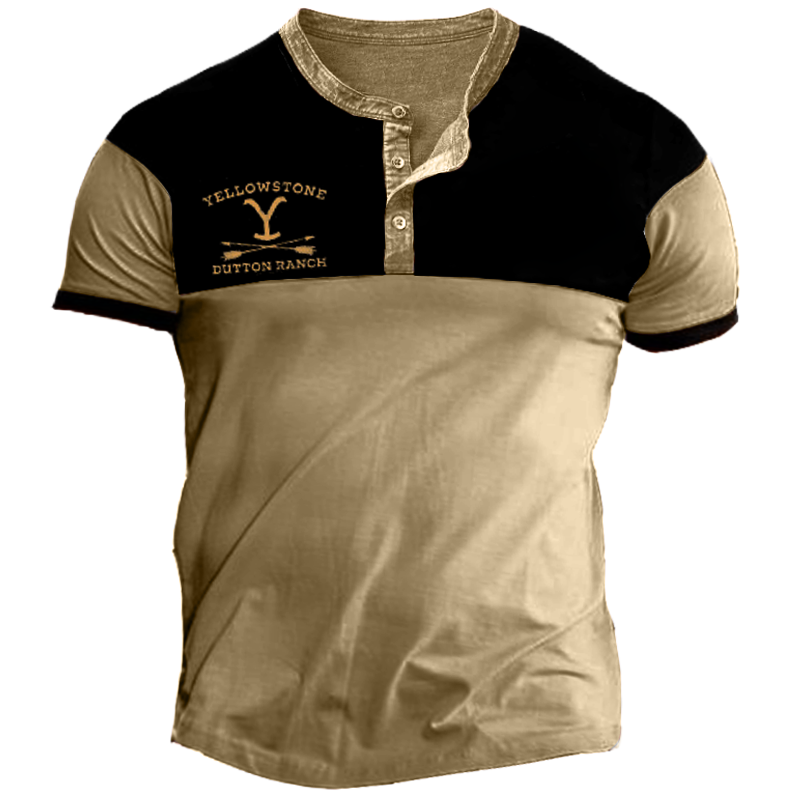 Yellowstone Dutton Ranch Men's Chic Vintage Print Henley Collar T-shirt