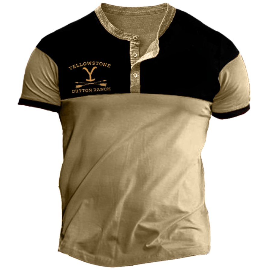 

Yellowstone Dutton Ranch Men's Vintage Print Henley Collar T-Shirt