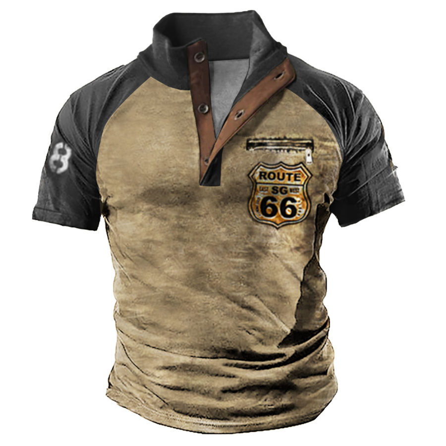 

Men's Vintage Route 66 Contrast Henley Stand Collar T-Shirt