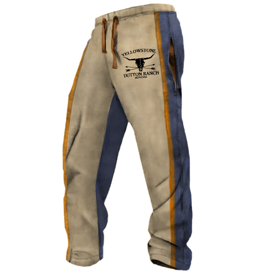 

Men's Vintage Yellowstone Skull Bull Contrasting Print Casual Pants