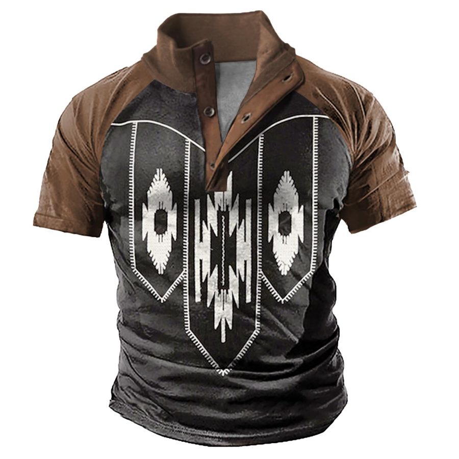 

Men's Vintage Aztec Contrast Henley Stand Collar T-Shirt