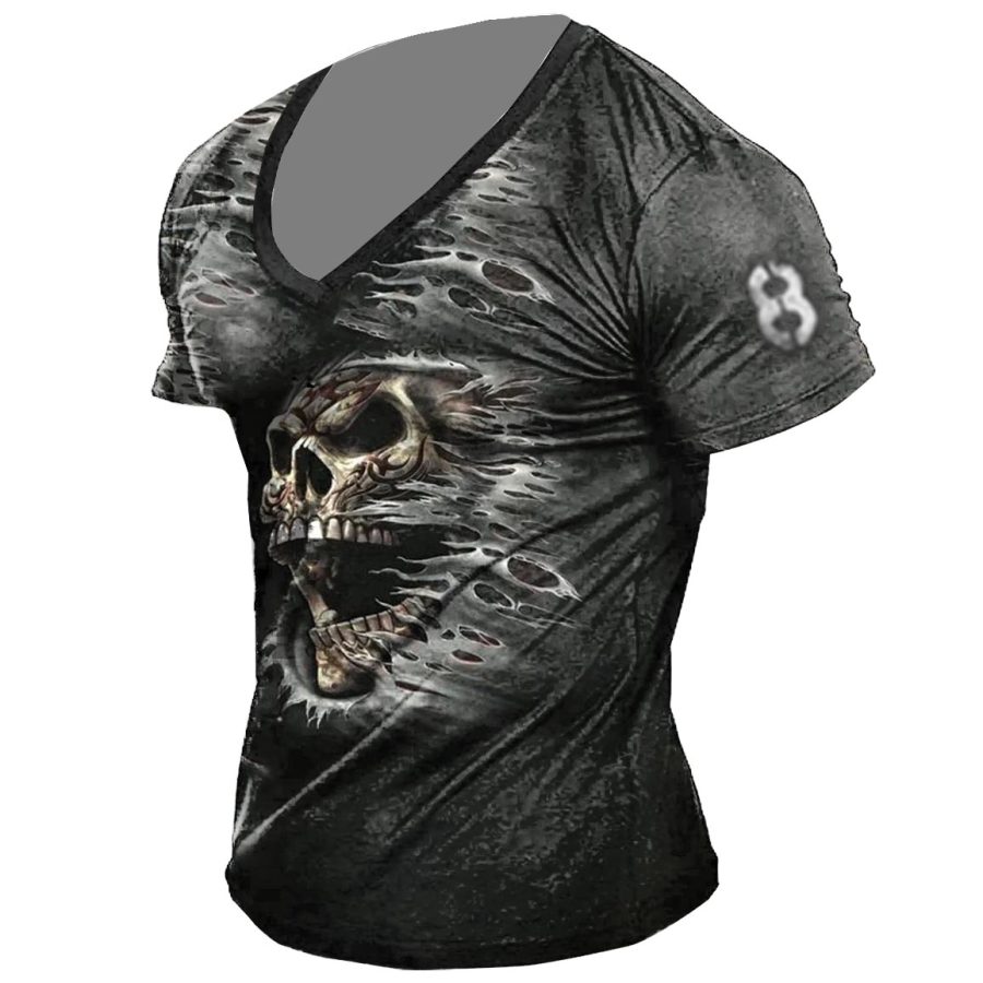 

Men's Retro Skull V-neck Print T-Shirt