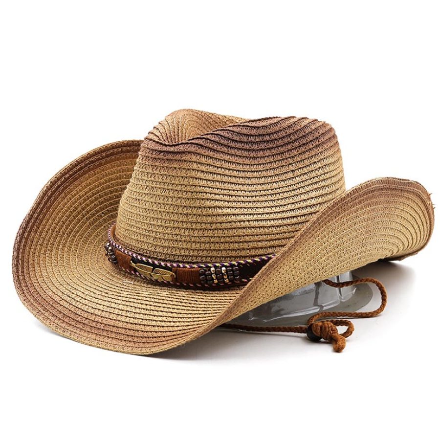 

Sombrero De Paja De Plumas De Vaquero Occidental Vintage Para Hombre