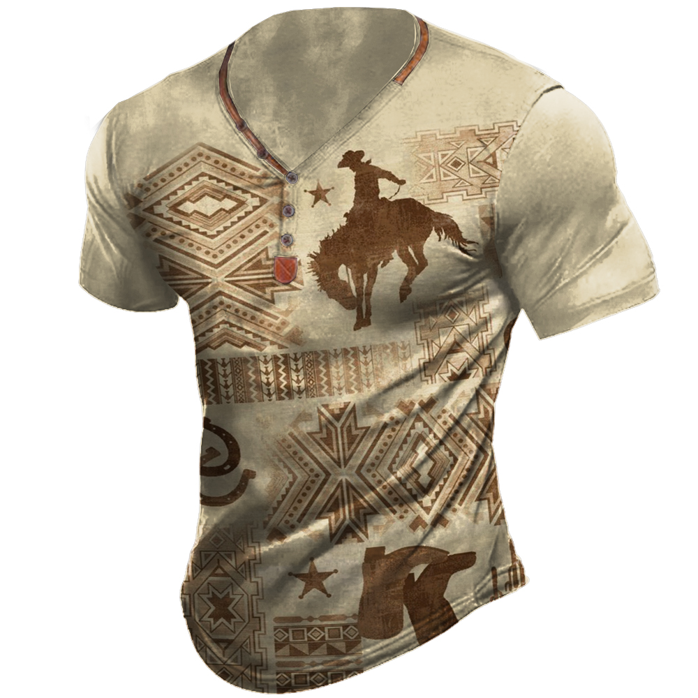 Men's Vintage Western Cowboy Chic Henley Stand Collar T-shirt