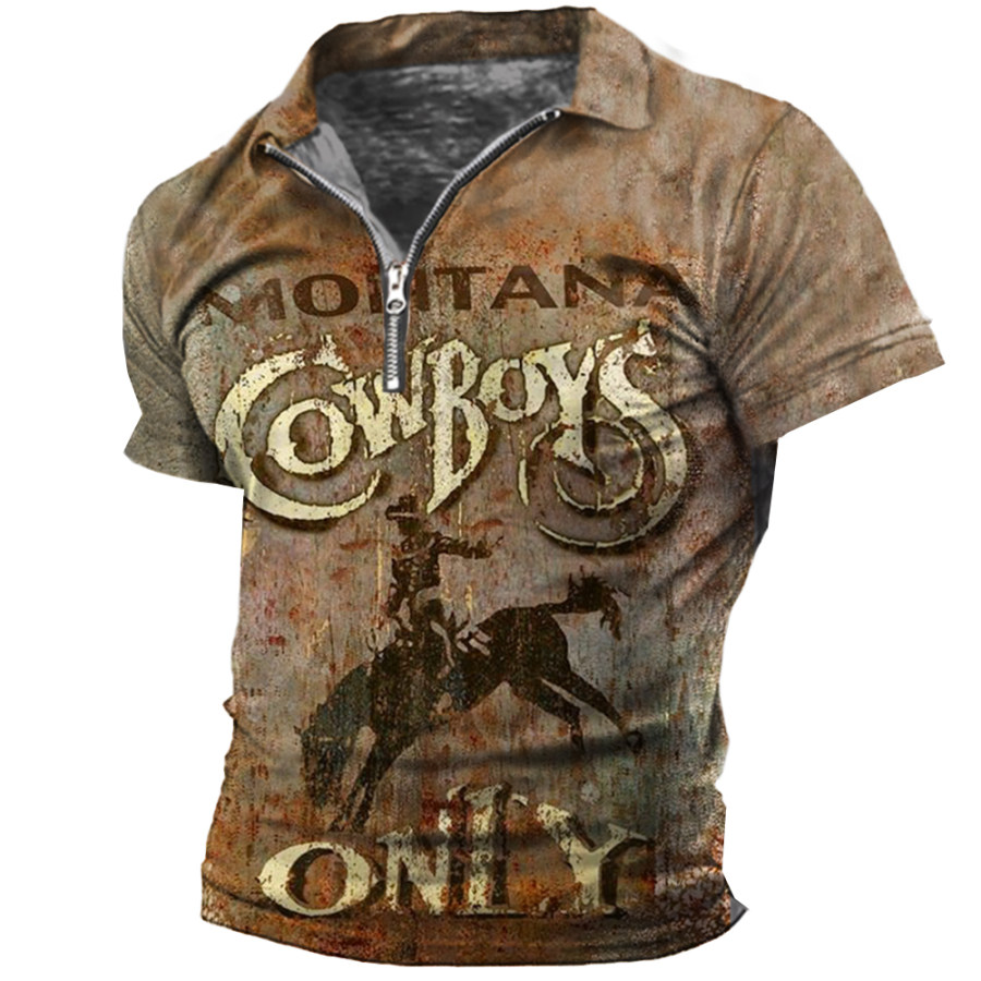 

Men's Vintage Western Cowboy Zipper Lapel T-Shirt