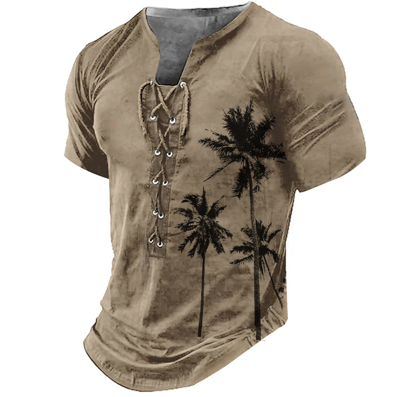 Mens Outdoor Palm Tree Chic Printed Lace-up Henley Shirt Tee
