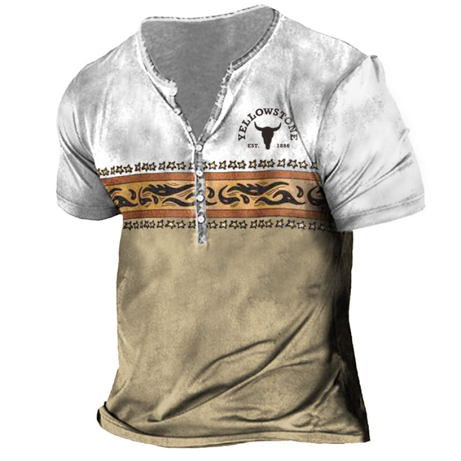 

Men's Vintage Yellowstone Ethnic Colorblock Print Henley T-Shirt