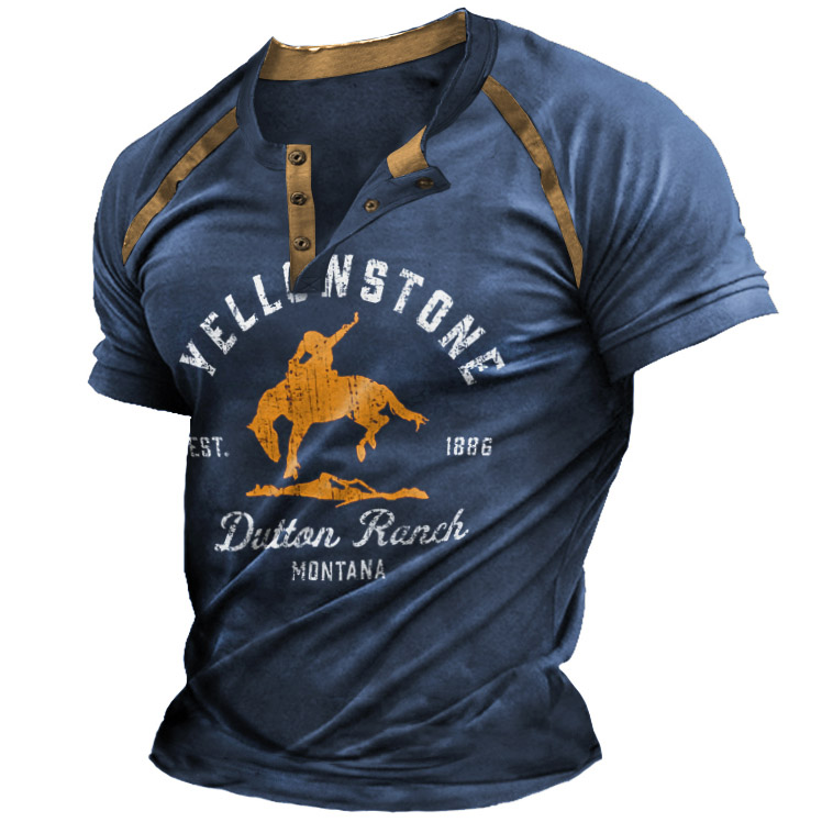 Men's Vintage Yellowstone Dutton Chic Ranch Color Contrast Henley T-shirt