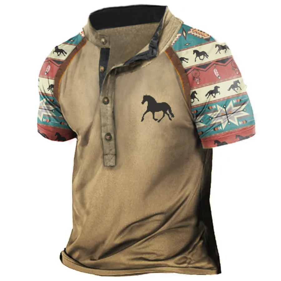 

Men's Vintage Ethnic Print Henley T-Shirt