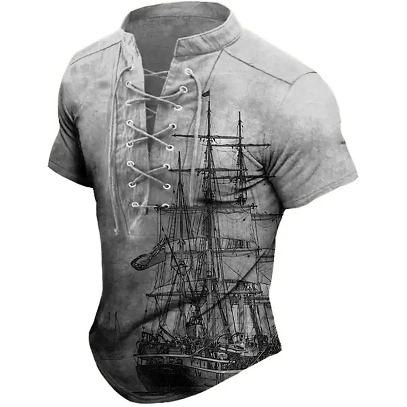 Men's Graphic Ship 3d Chic Printed Short Sleeve Lace Up Tee Tee