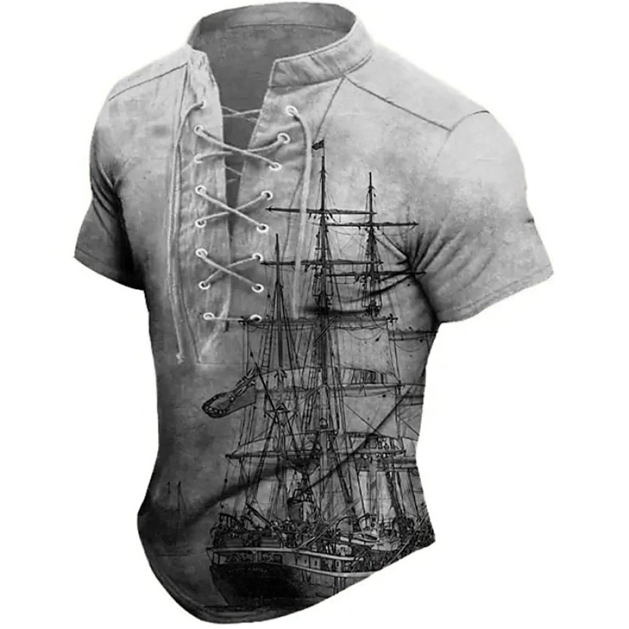 

Men's Graphic Ship 3D Printed Short Sleeve Lace Up Tee Tee