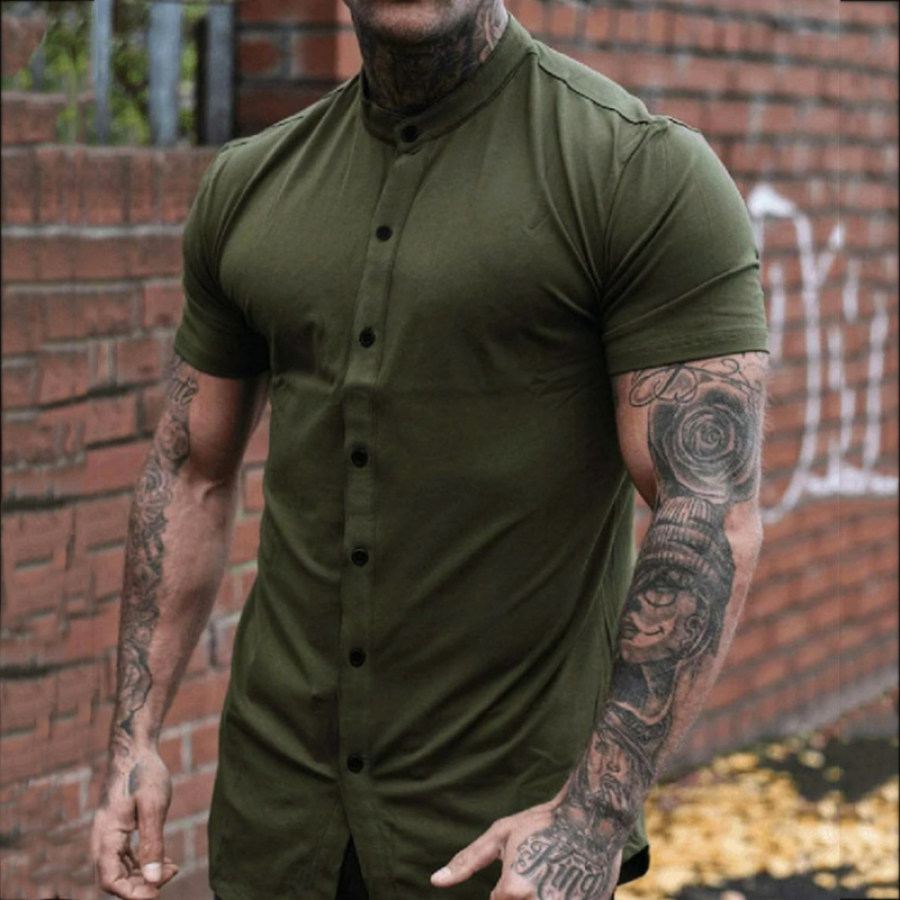 

Men's Short-sleeved Stand-up Collar Solid Color Shirt