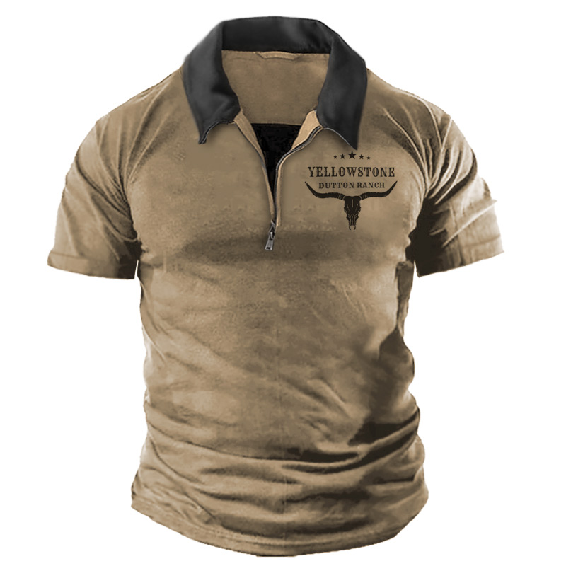 Men's Outdoor Vintage Yellowstone Chic Colorblock Quarter Zipper Lapel T-shirt