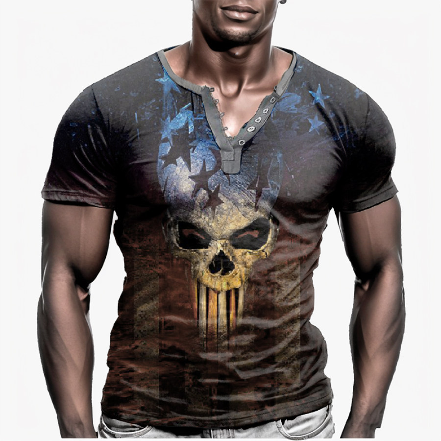 

Men's Skull Print Henley Neck T-Shirt