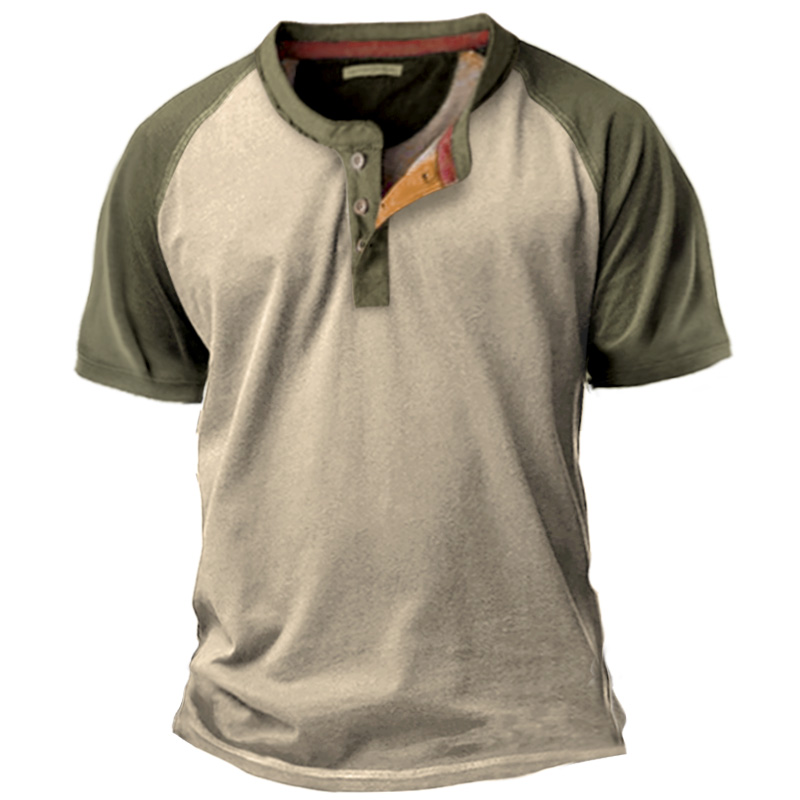 Men's Outdoor Casual Colorblock Chic Raglan Sleeve Henley T-shirt