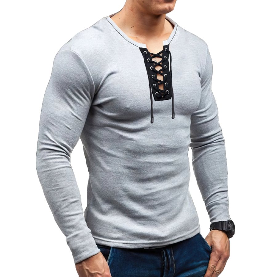 

Men's Vintage Lace Up Solid Color Breathable Tactical T-Shirt