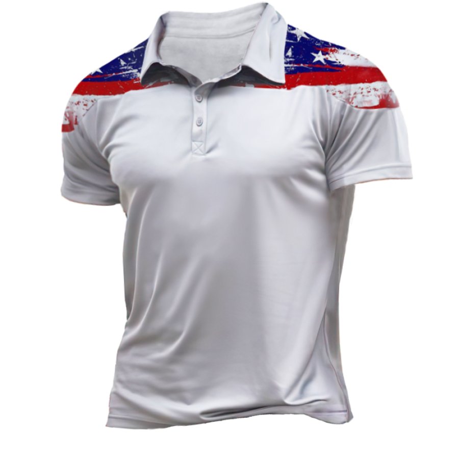 

Men's Retro American Flag Print Breathable Henley T-Shirt POLO