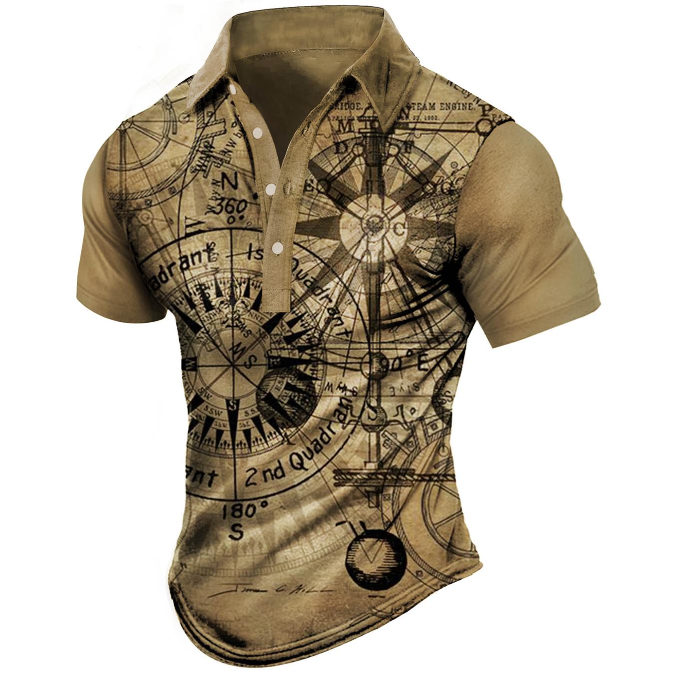 Men's Vintage Nautical Compass Print Chic Polo T-shirt