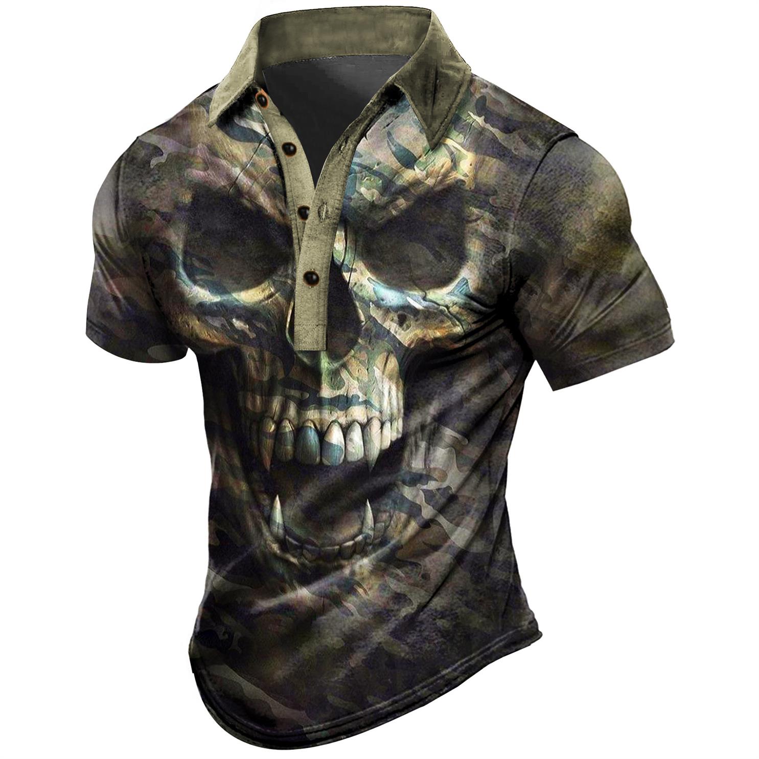 Men's Vintage Camouflage Skull Print Chic Polo T-shirt