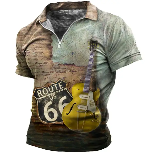 Men's Vintage Route 66 Guitar Print Zip Polo T-Shirt - Cotosen.com Men's Vintage Route 66 Guitar Print Zip Polo T-Shirt - Cotosen.com
