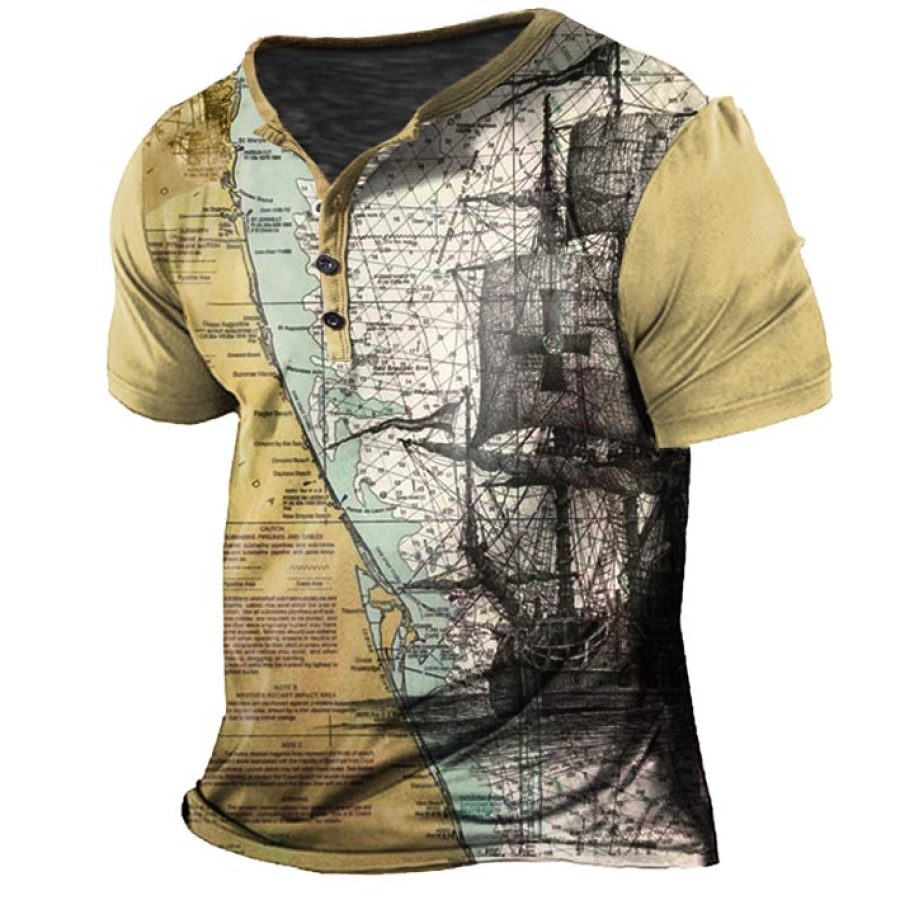 

Men's Vintage Nautical Map Sailing Print Henley T-Shirt