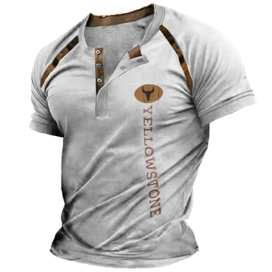 

Men's Vintage Yellowstone Print Henley Collar Cotton T-Shirt