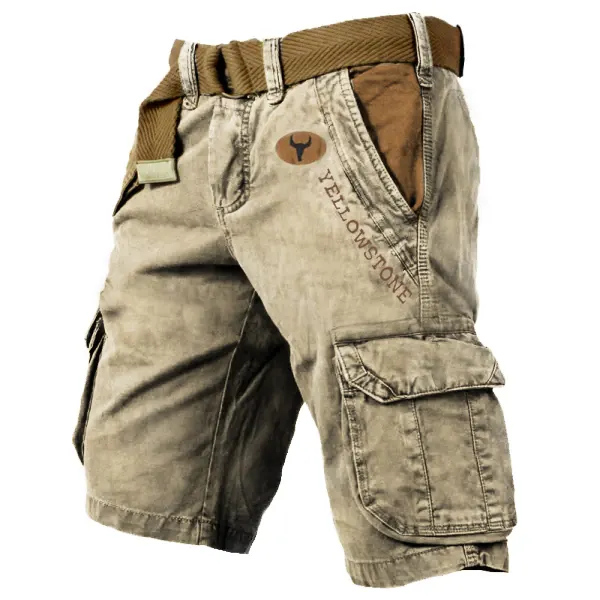 Men's Vintage Yellowstone Wash Print Multi-Pocket Tactical Shorts - Blaroken.com 