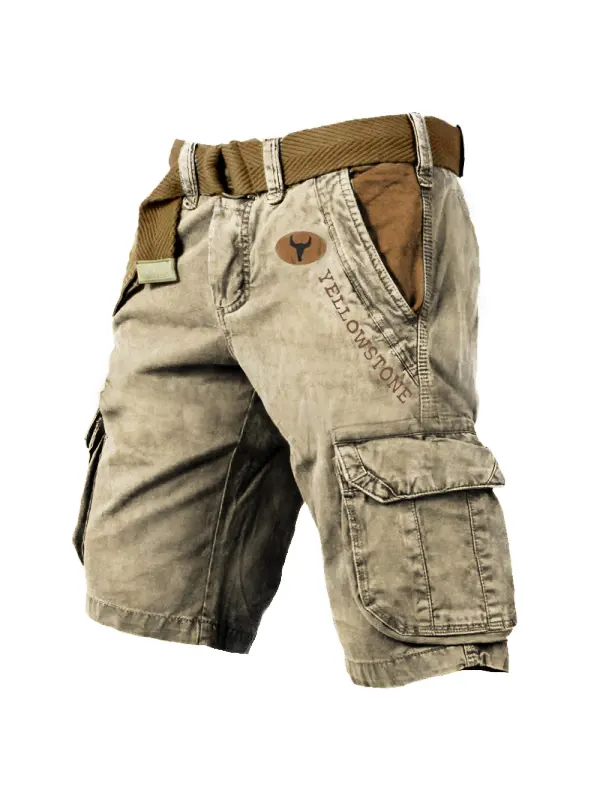 Men's Vintage Yellowstone Wash Print Multi-Pocket Tactical Shorts - Ootdmw.com 