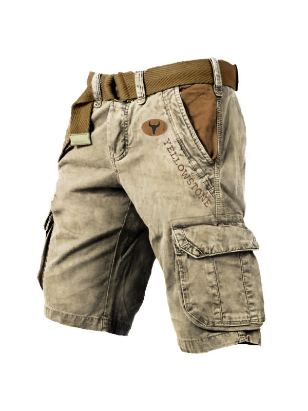 Men's Vintage Yellowstone Wash Print Multi-Pocket Tactical Shorts