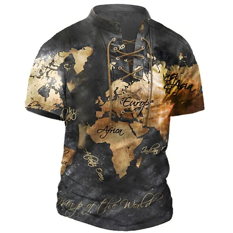 Men's Outdoor Vintage Graphic Chic World Map Lace-up Tee