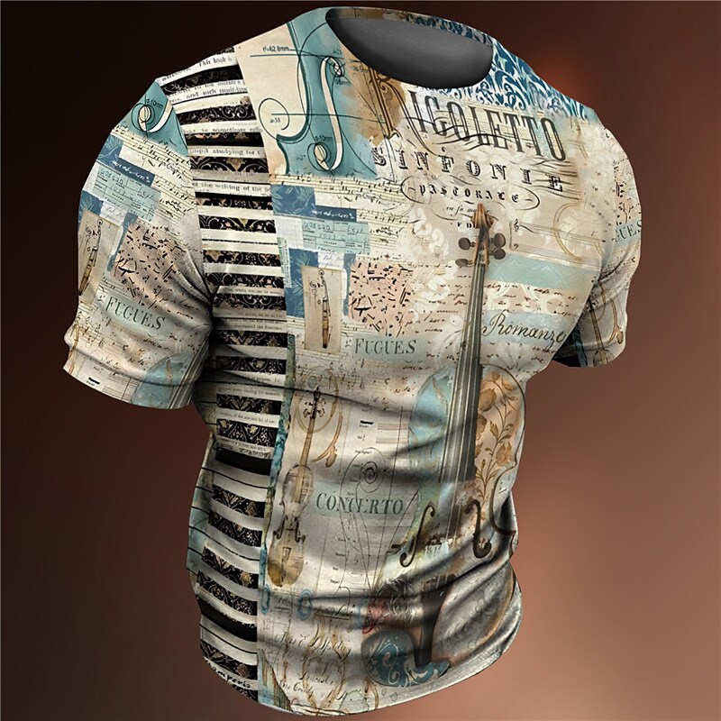 Men's Graphic 3d Printed Chic Musical Instrument Crew Neck Tee