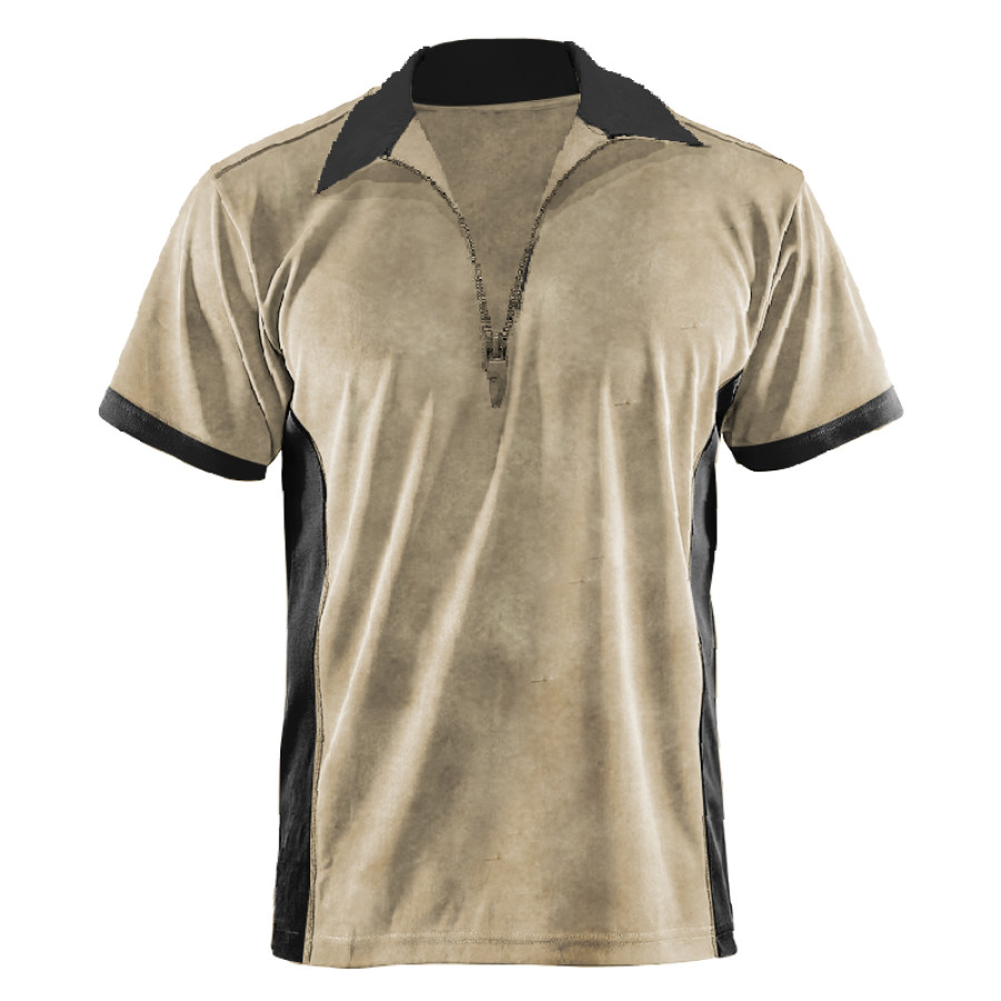 

Men's Vintage Zipper Collar Contrast Polo Collar T-Shirt
