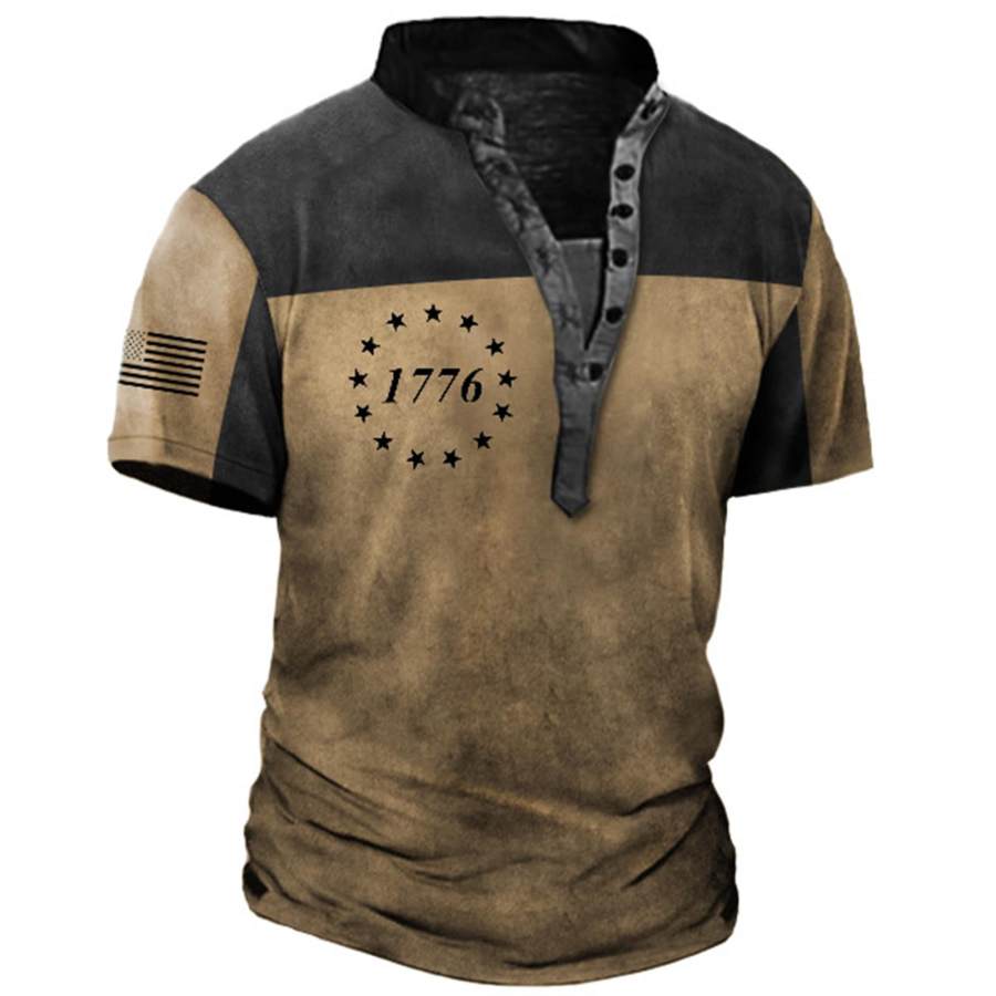 

Men's Vintage American Flag 1776 Patriotic Print Henley T-Shirt